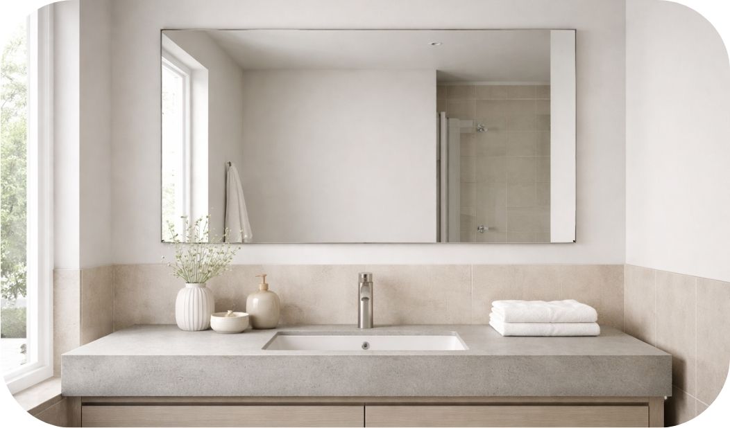 Ogledalo za kupatilo u neutralnom enterijeru – proporcija, prirodna svetlost i sklad prostora