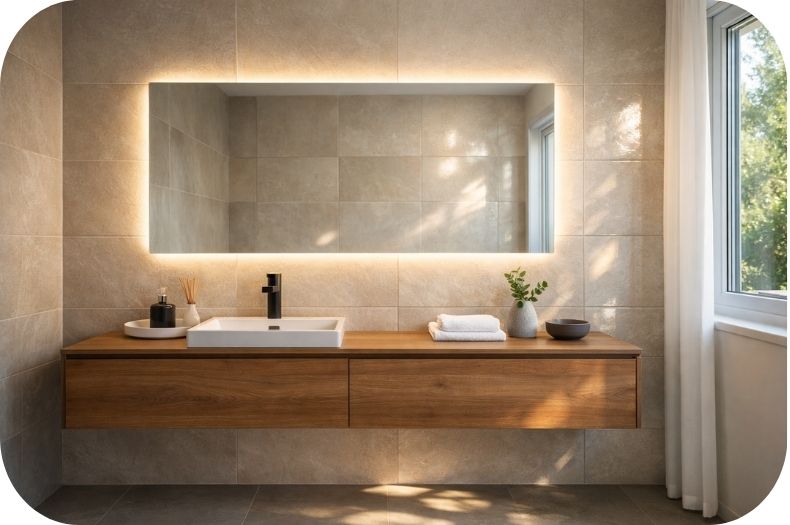 Kupatilo sa LED osvetljenjem iza ogledala i refleksijama na pločicama