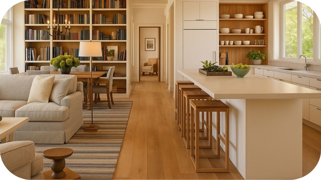 Otvorena kuhinja i dnevna soba – prirodni tonovi i svetlost