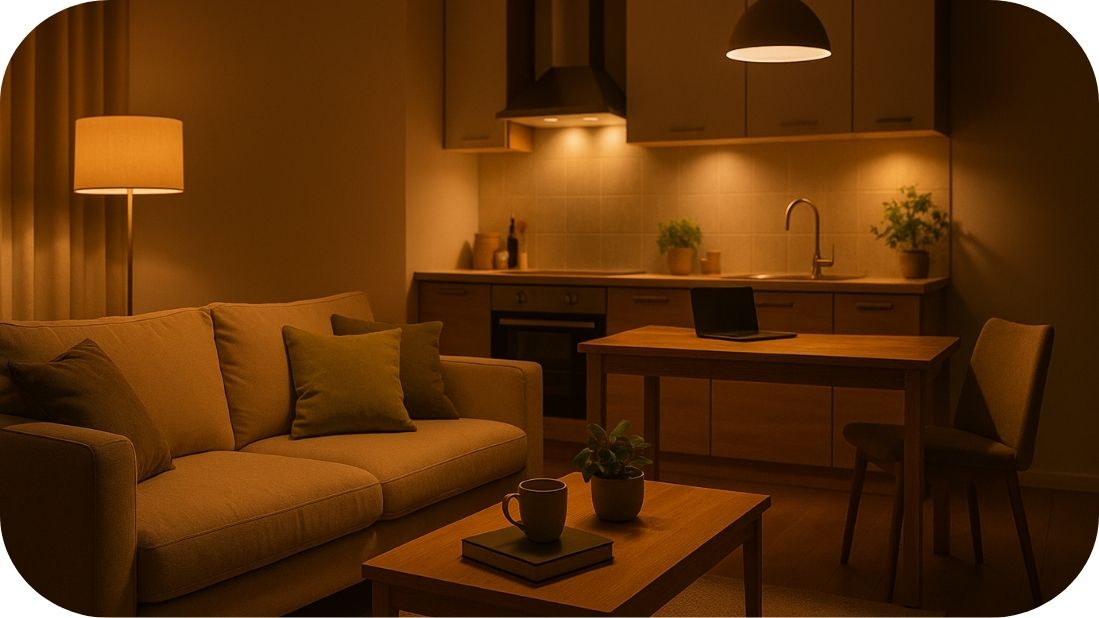 Otvorena kuhinja u večernjem svetlu – sklad i toplina doma