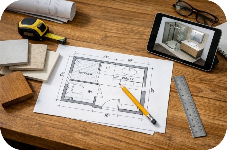 Planiranje kupatila – nacrt prostora sa rasporedom elemenata i uzorcima pločica