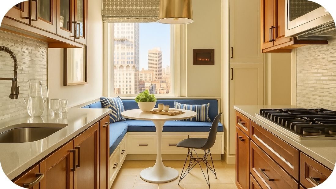 Pažljivo planiran raspored u maloj kuhinji sa ugrađenom klupom pored prozora