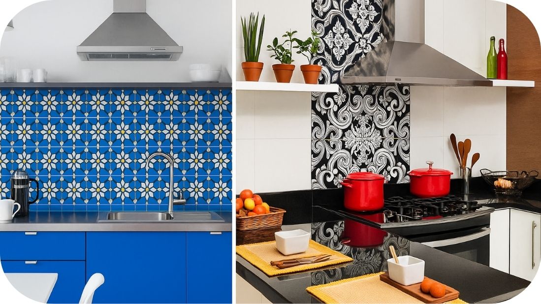 Plave i crno-bele pločice – energija boja u kuhinji