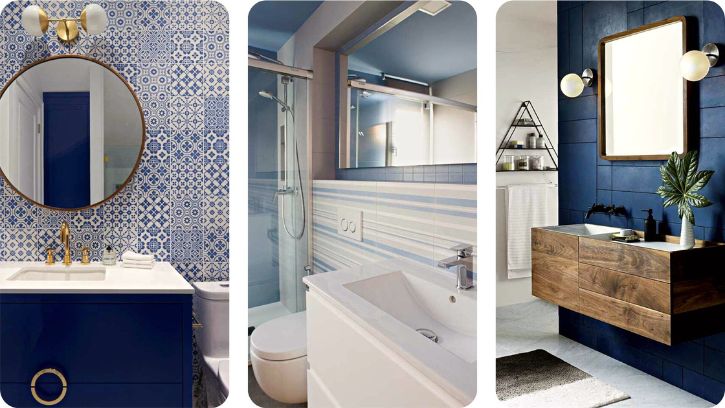 Različiti stilovi kupatila sa plavim pločicama – dekorativni, linearni i tamnoplavi akcenat
