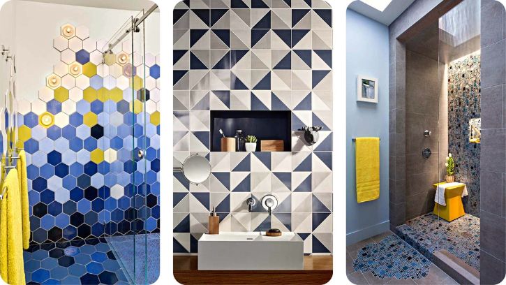 Plave pločice različitih dezena u modernim kupatilima