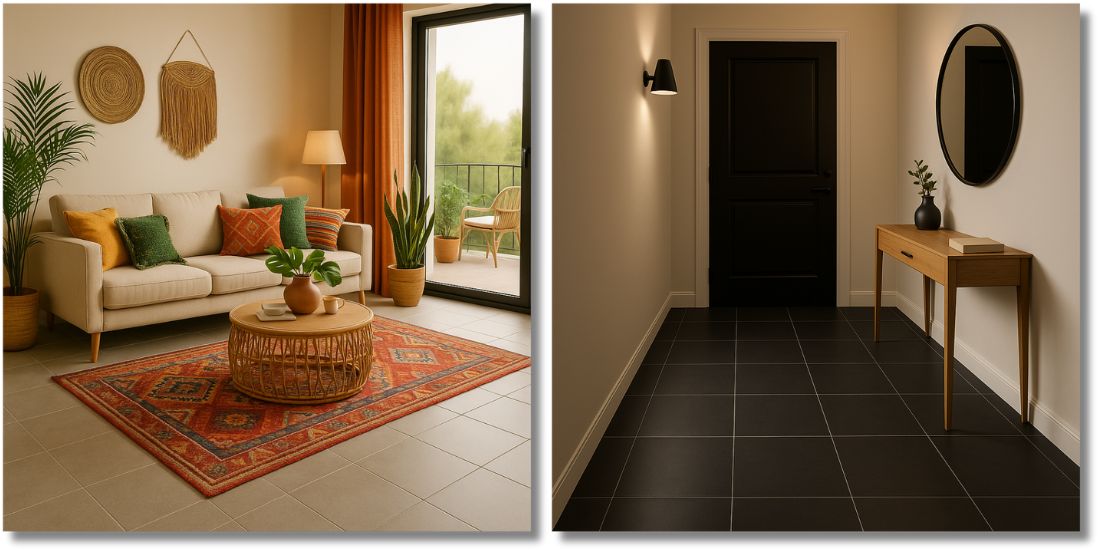 Pločice 60x60cm u boho dnevnoj sobi i modernom hodniku