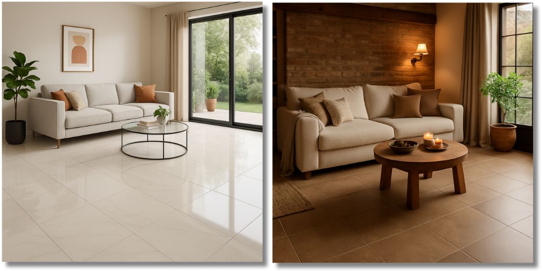 Dnevne sobe sa pločicama 60x60cm – svetla i rustična varijanta