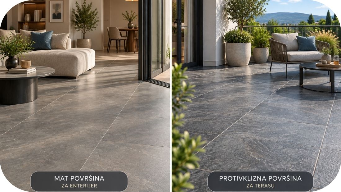 Pločice 60x60 cm u enterijeru i na terasi sa različitim završnim obradama