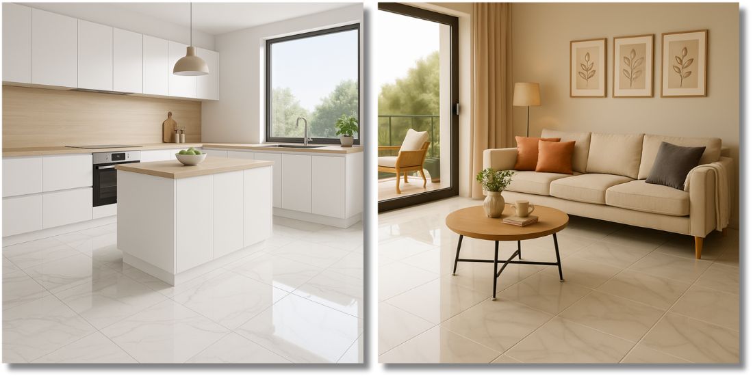 Sjajne pločice 60x60cm u kuhinji i dnevnoj sobi