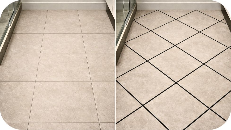 Uporedni prikaz pločica u kupatilu – svetle i tamne fuge, horizontalno i dijagonalno postavljanje