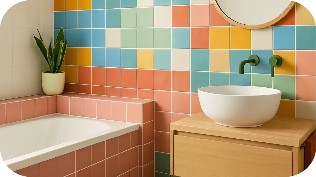 Kupatilo sa toplim akcentnim pločicama u toplim tonovima