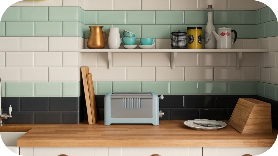 Zidne pločice u kuhinji – osvežavajuća kombinacija mente, bele i crne