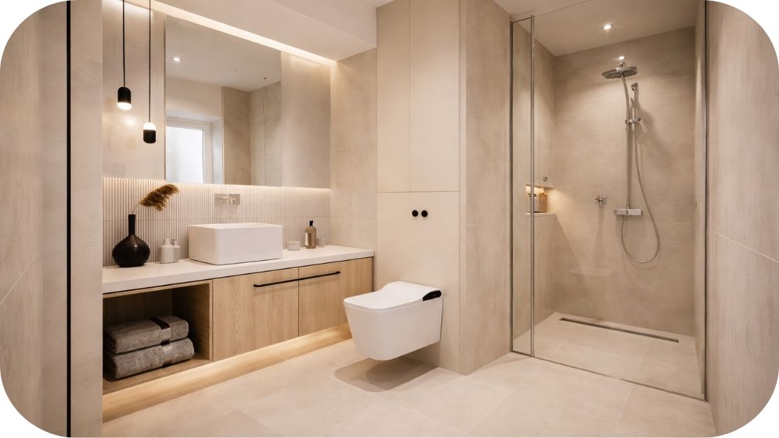 Moderno kupatilo u bež tonovima sa velikim pločicama