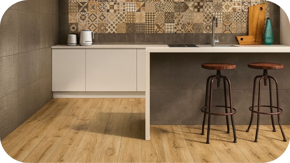 Podne pločice u drvenom dezenu za toplu i modernu kuhinju