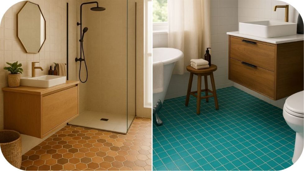 Podne pločice u kupatilu u različitim bojama i dezenima – uporedni prikaz prostora