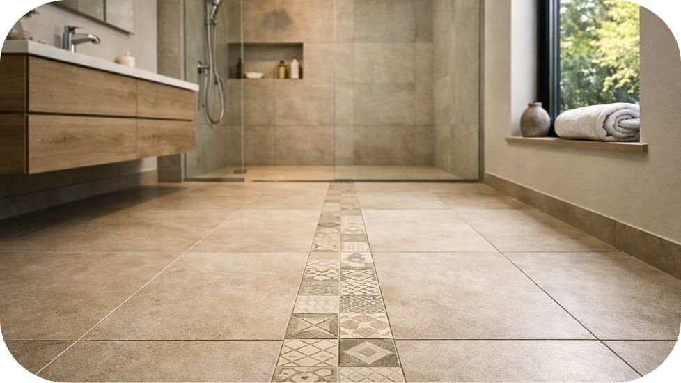Podne pločice za kupatilo velikog formata sa dekorativnom linijom koja razbija jednoličnost prostora