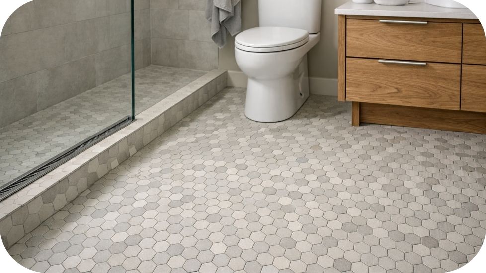 Protivklizne podne pločice u kupatilu u mozaik formatu sa izraženim fugama