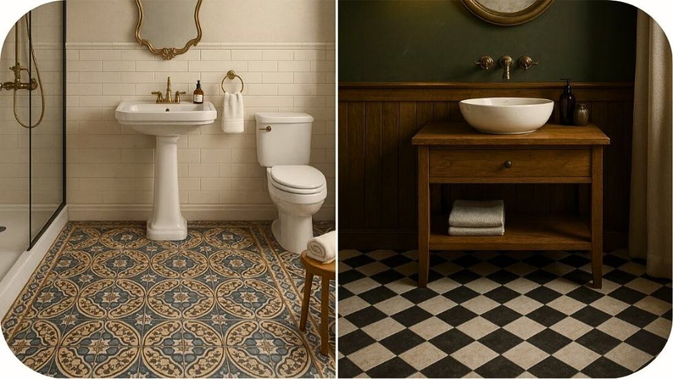 Podne pločice u retro kupatilu sa dekorativnim uzorcima i kontrastnim tonovima