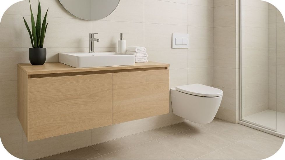 Svetle podne pločice u kupatilu u skandinavskom stilu sa drvenim elementima