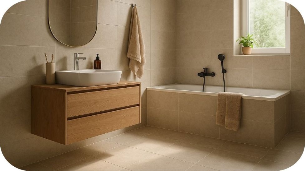 Podne pločice u kupatilu u toplim bež tonovima sa prirodnim svetlom i drvenim elementima