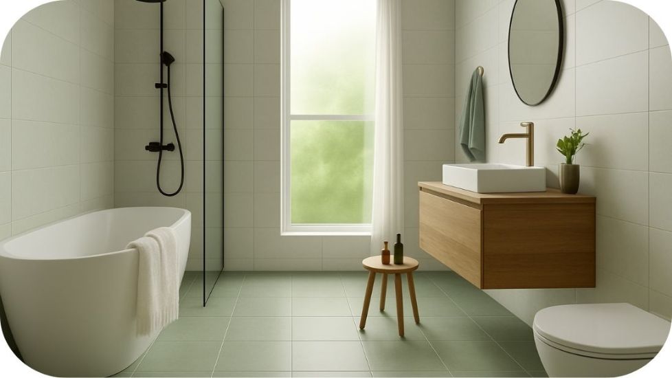 Podne pločice u kupatilu u zelenim nijansama sa prirodnim svetlom