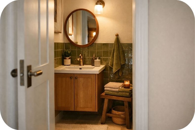 Pogled u moderno kupatilo kroz otvorena vrata sa dekor pločicama i toplim detaljima