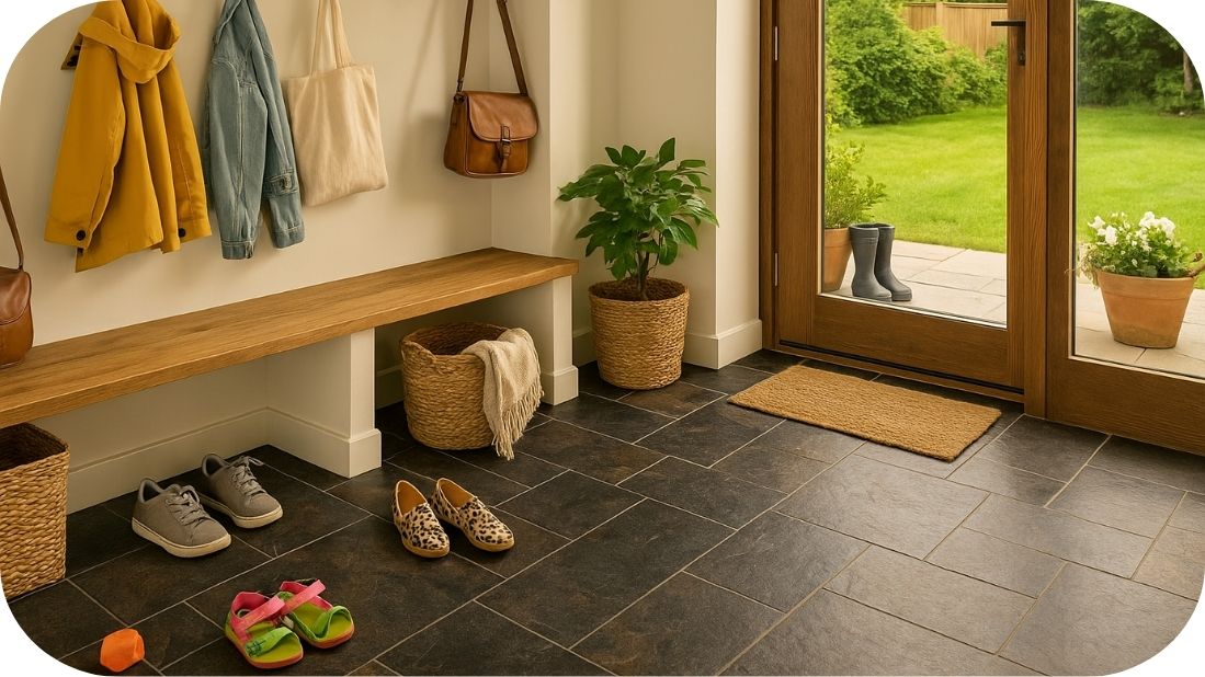 Predsoblje sa rustičnim pločicama koje podnose porodični tempo