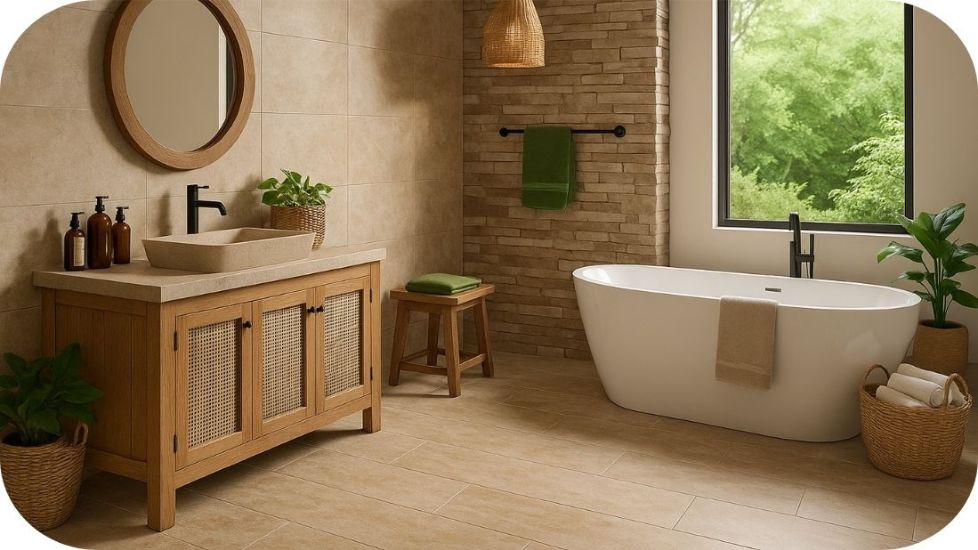 Kupatilo u prirodnom spa stilu sa drvenim elementima i toplim tonovima