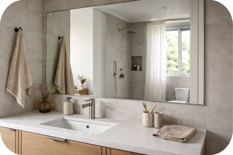 Ogledalo u kupatilu reflektuje raspored prostora i tuš zonu