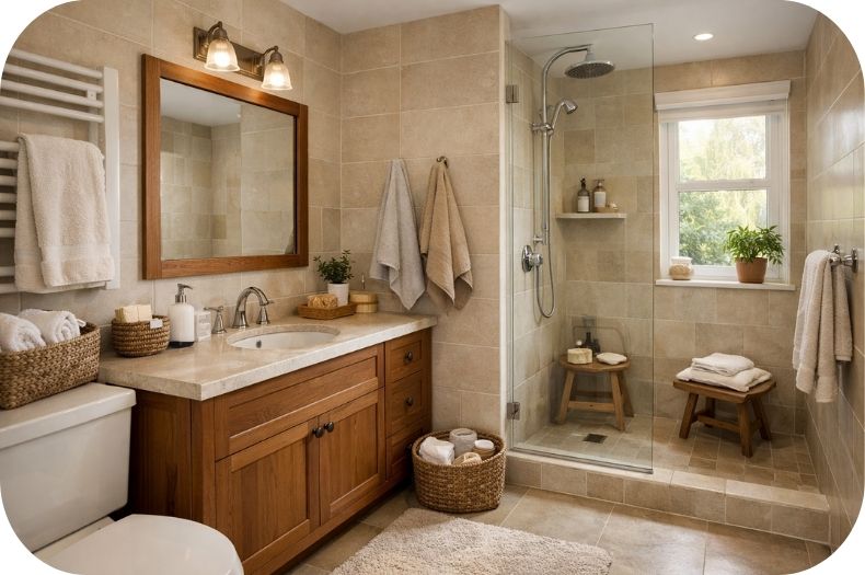 Dobro organizovano kupatilo sa jasno raspoređenim zonama – lavabo, tuš i prostor za odlaganje