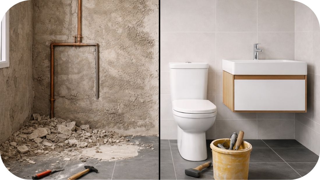 Kupatilo podeljeno na fazu rušenja i završenu renovaciju