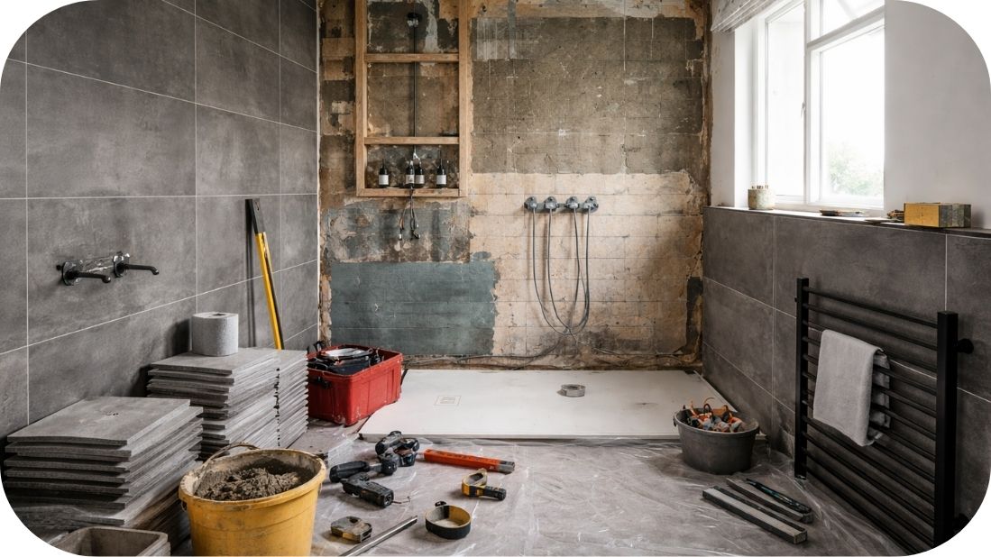 Kupatilo u fazi renoviranja sa vidljivim instalacijama tokom građevinskih radova