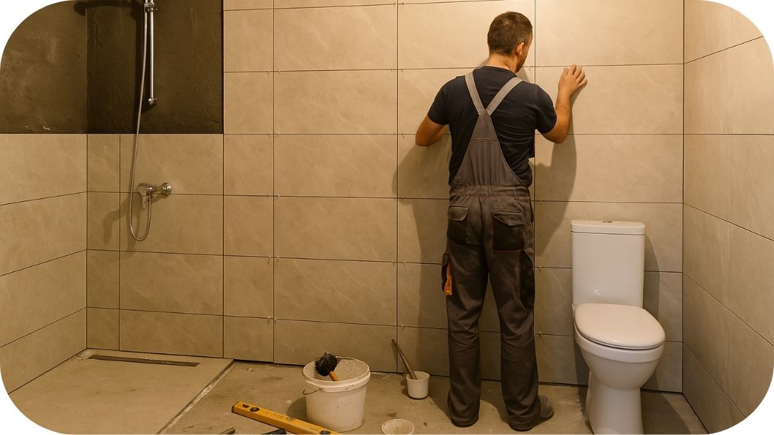 Radnik postavlja zidne pločice u kupatilu tokom renoviranja