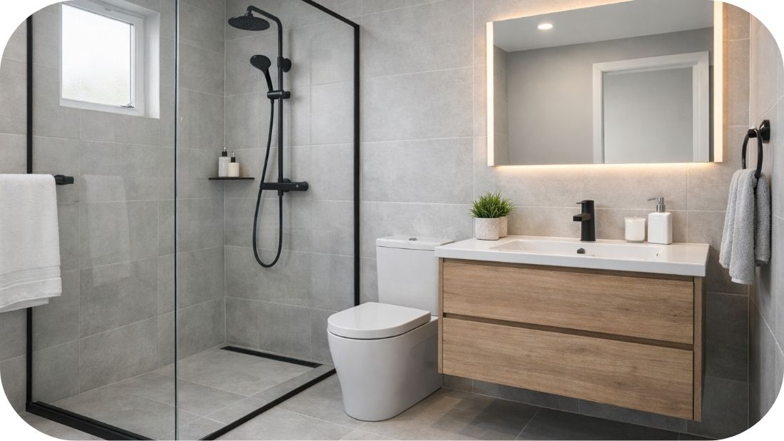 Renovirano kupatilo nakon kompletne transformacije sa sivim pločicama i walk-in tušem