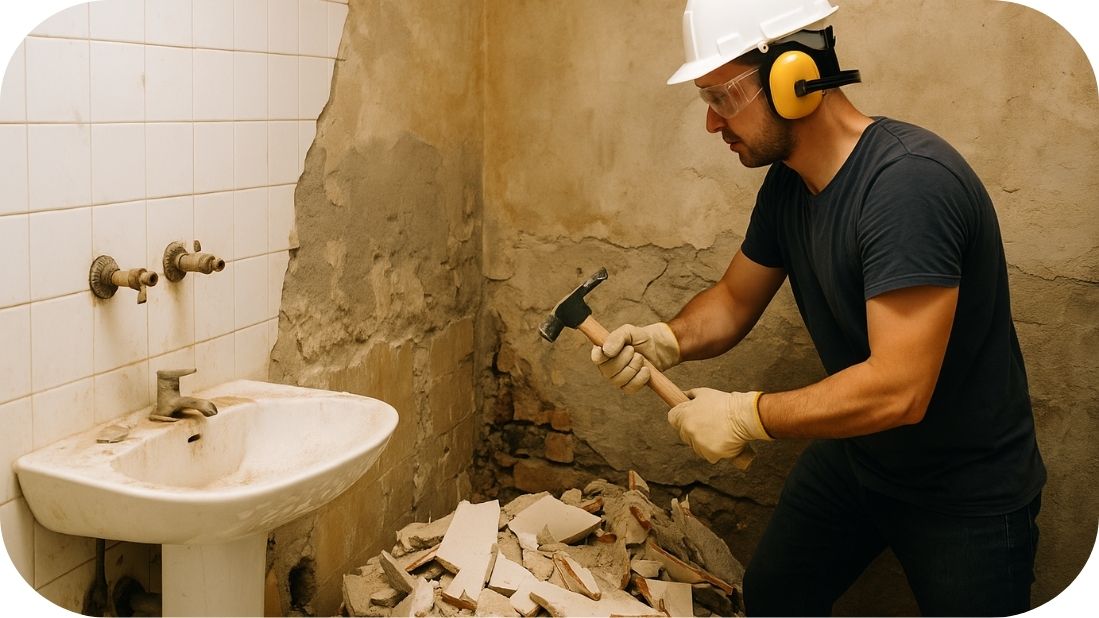 Uklanjanje starih pločica tokom rušenja kupatila