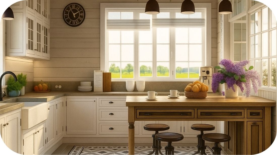 Rustična bela kuhinja sa drvenim ostrvom