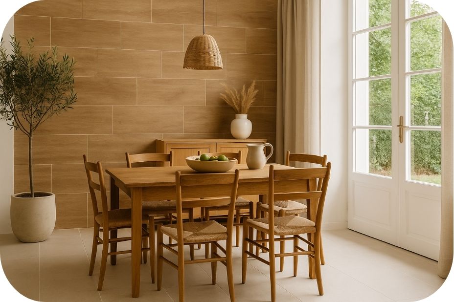 Rustična trpezarija sa pločicama u drvenom dezenu