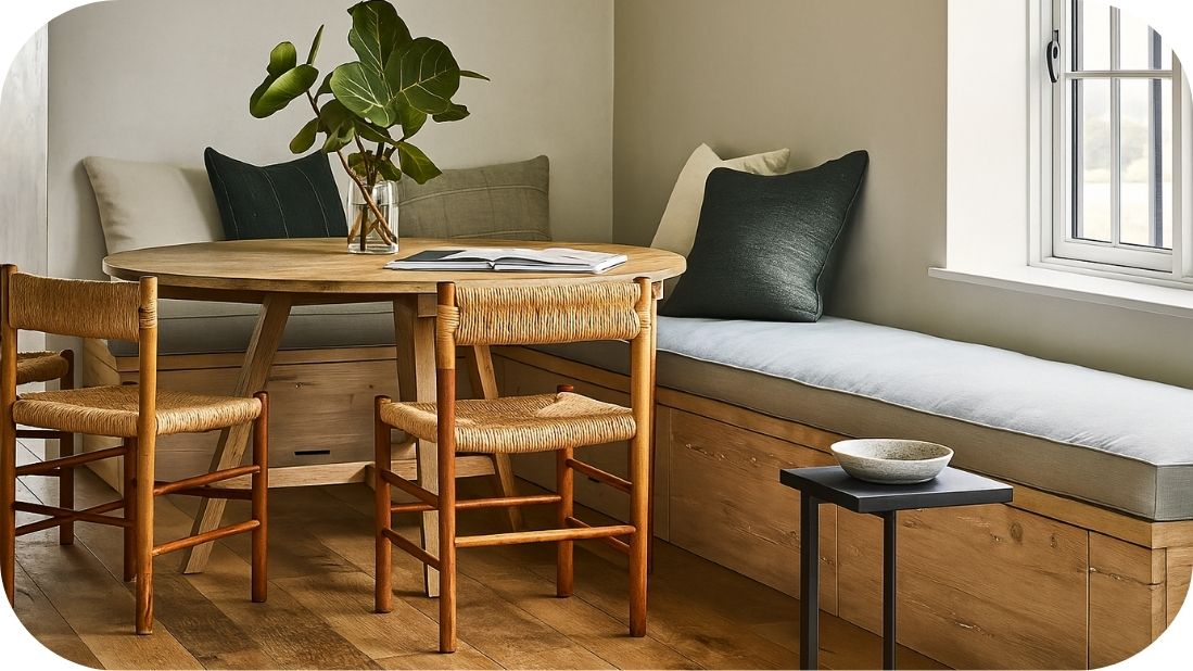 Mala rustična trpezarija sa drvenim stolom i pletenim stolicama