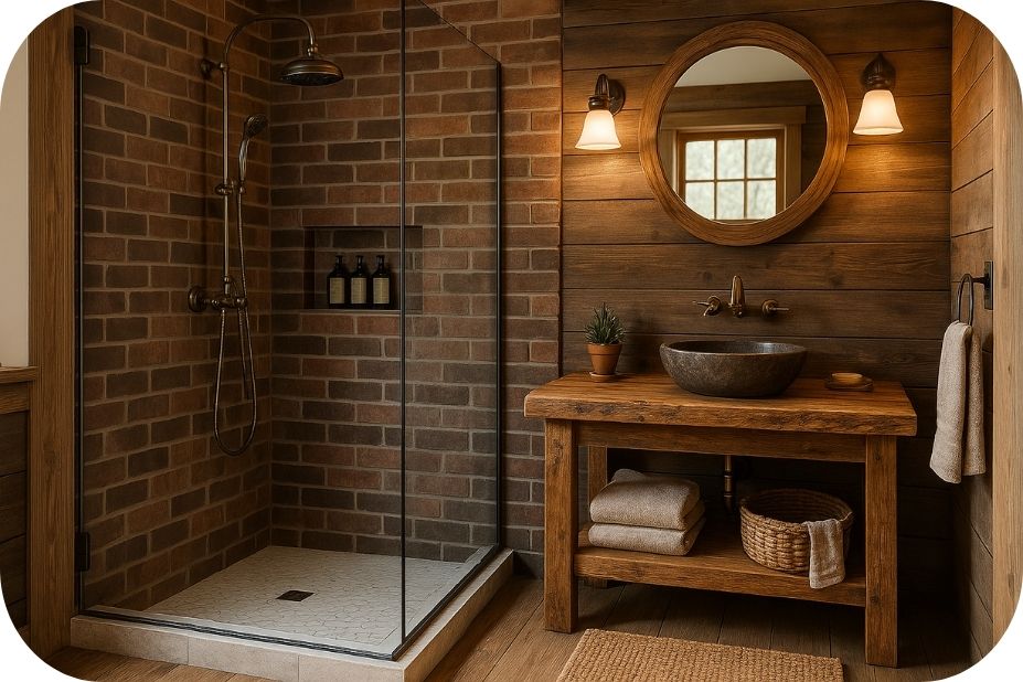 Rustični dizajn tuš kabine sa kombinacijom drveta, cigle i toplih tonova