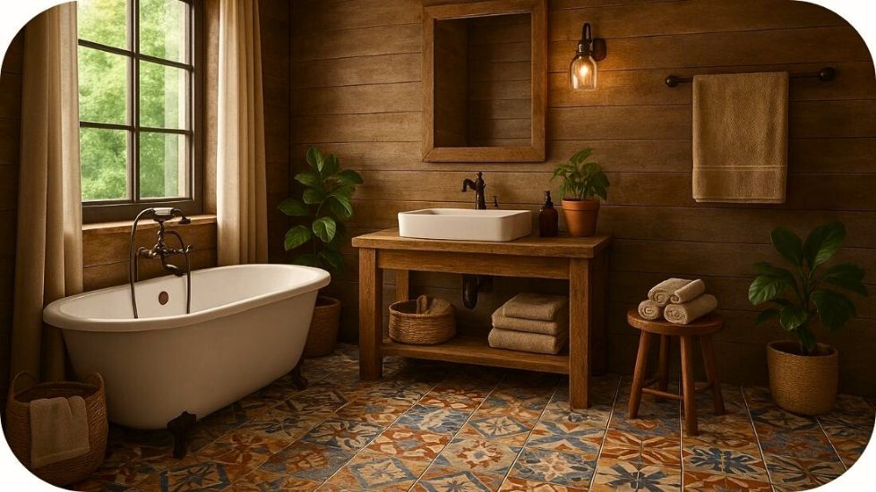 Rustično kupatilo sa dekorativnim podnim pločicama i drvenim elementima u prirodnom stilu