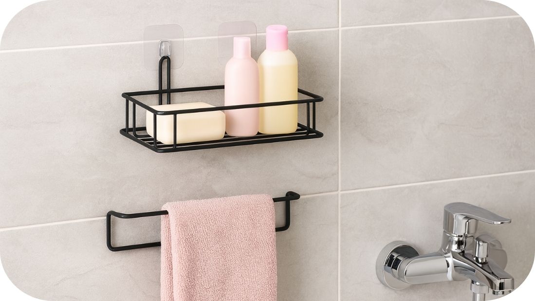 Samolepljiva kupatilska galanterija sa policom i držačem peškira u organizovanoj tuš zoni