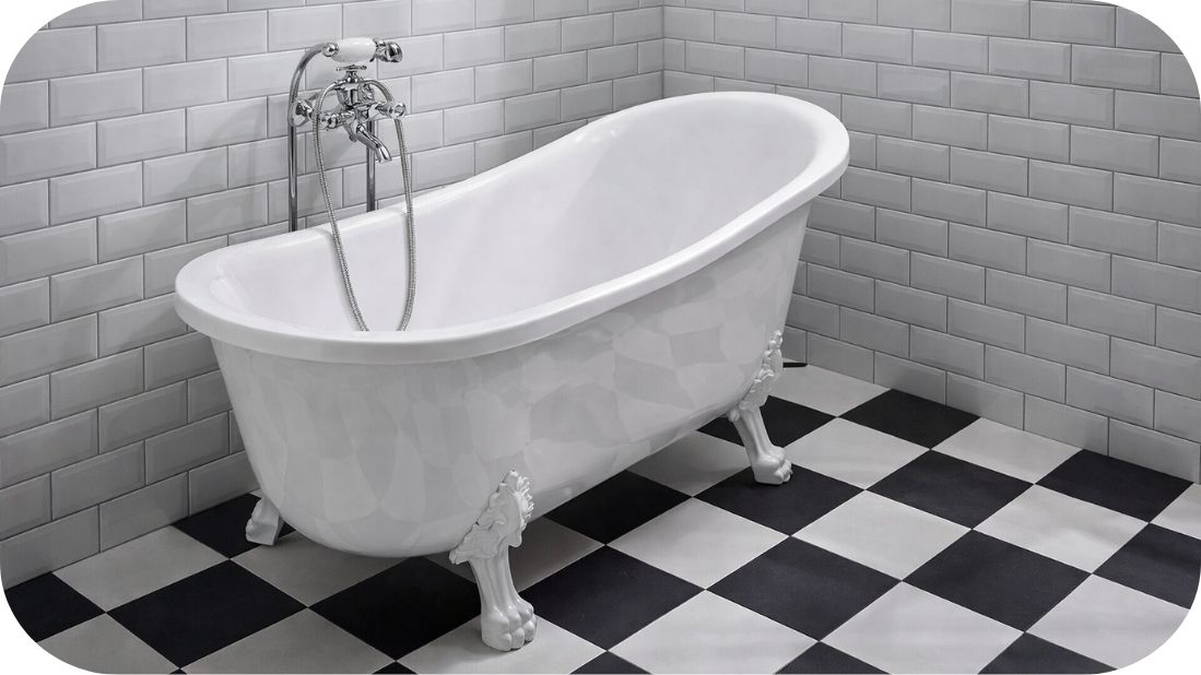 Samostojeća retro kada u modernom kupatilu sa sivim metro pločicama