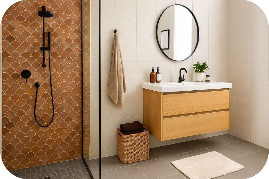 Savremeni dizajn tuš kabine sa akcentnim pločicama i crnim detaljima u modernom kupatilu