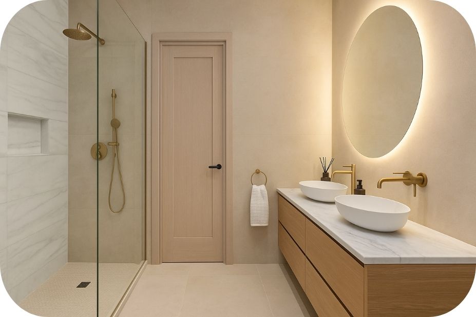 Savremeni luksuz u tuš kabini sa mesing detaljima, velikim pločicama i ambijentalnim osvetljenjem