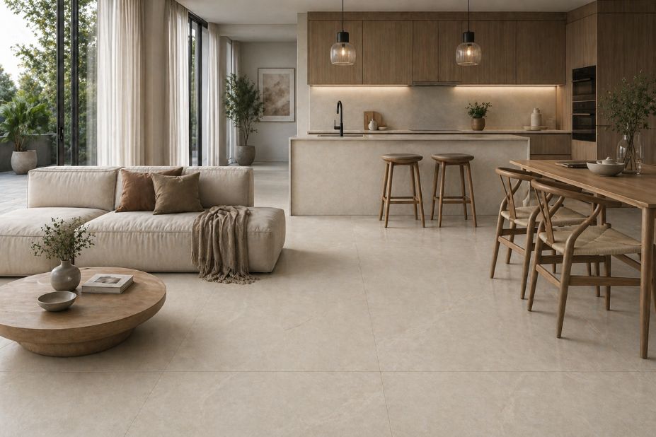 Serra Cream 60x120 granitne pločice u open space kuhinji i dnevnoj sobi u toplim bež tonovima