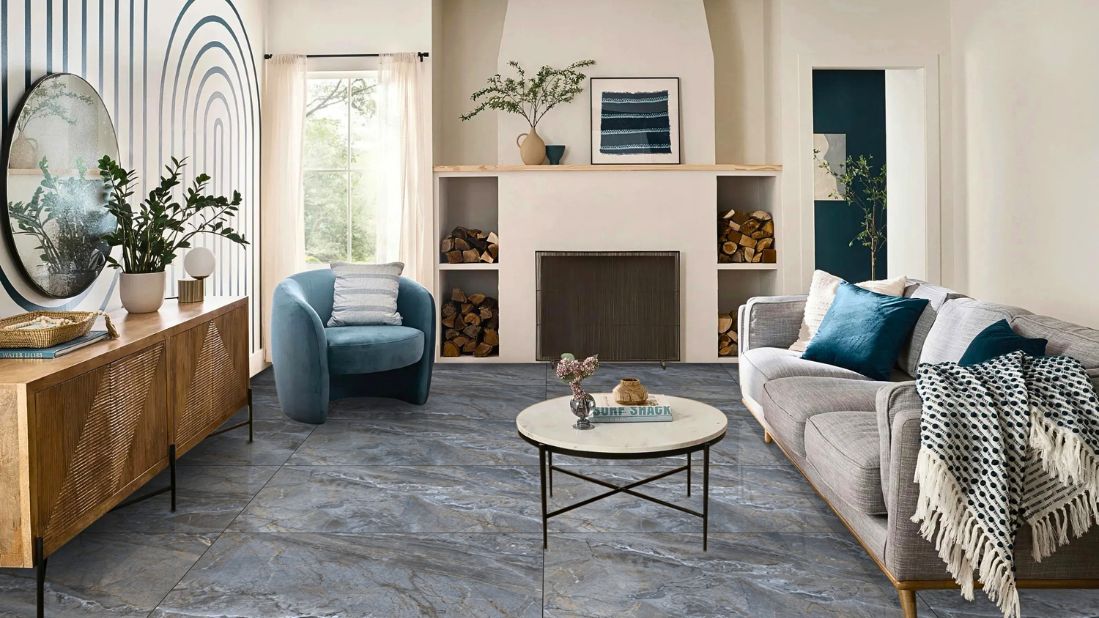 Silica Blue 60x120 polirane granitne pločice u modernoj dnevnoj sobi