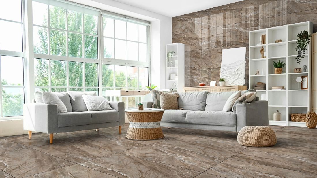 Silica Brown 60x120 polirane granitne pločice u modernoj dnevnoj sobi