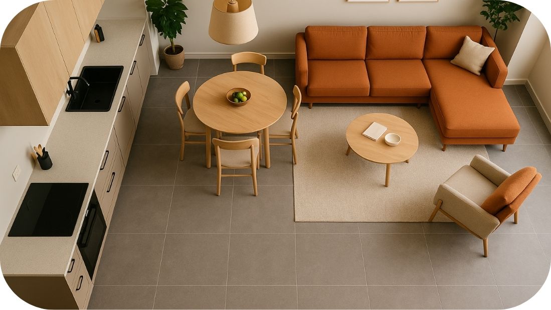 Otvoreni dnevni prostor iz ptičije perspektive sa sivim podnim pločicama, drvenim dekorom i terakota ugaonom garniturom