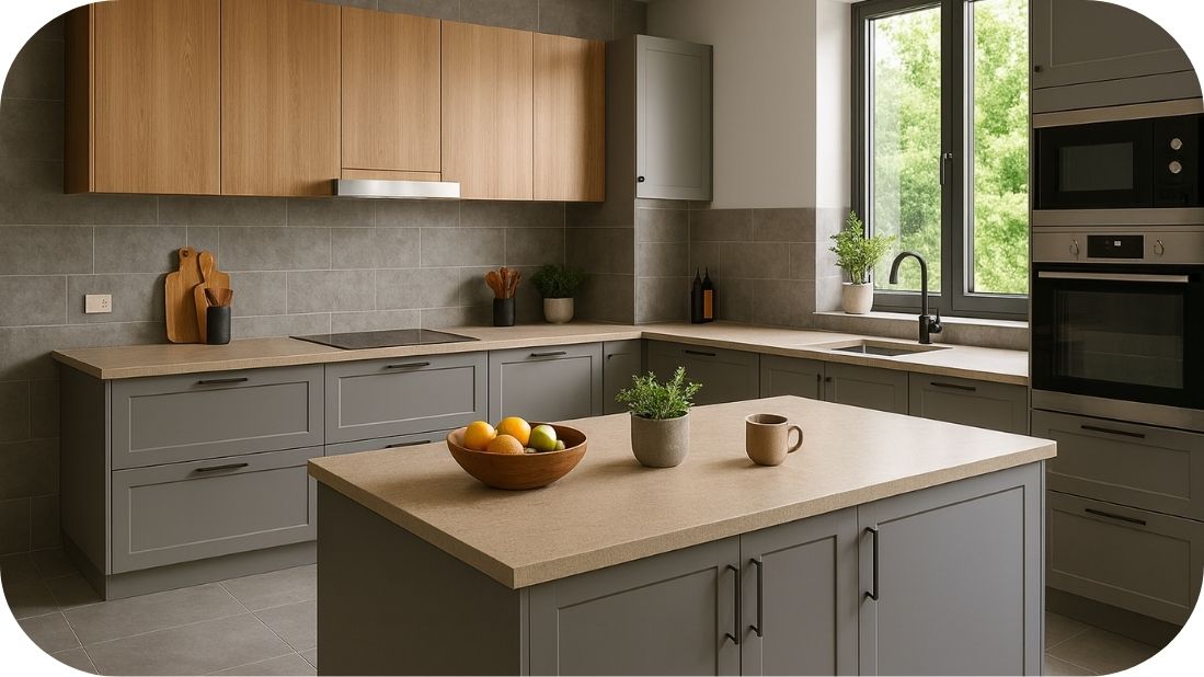 Moderna kuhinja sa sivim podnim i zidnim pločicama, drvenim elementima i prirodnim svetlom