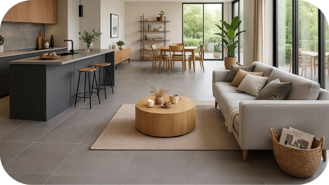 Moderna kuhinja i dnevni prostor sa sivim podnim pločicama i drvenim akcentima